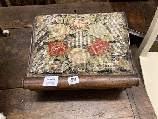 A pair of Victorian mahogany framed tapestry topped gout stools and a later Victorian button backed nursing chair